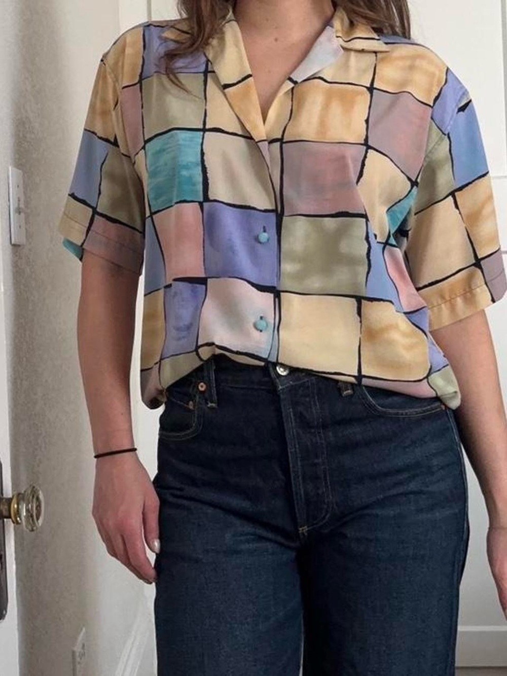 Vintage Pastel Grid Patterned Short Sleeve Button Down